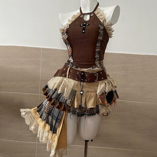 Lace hem hollow out irregular plaid mini skirt set | Festival Outfits Women