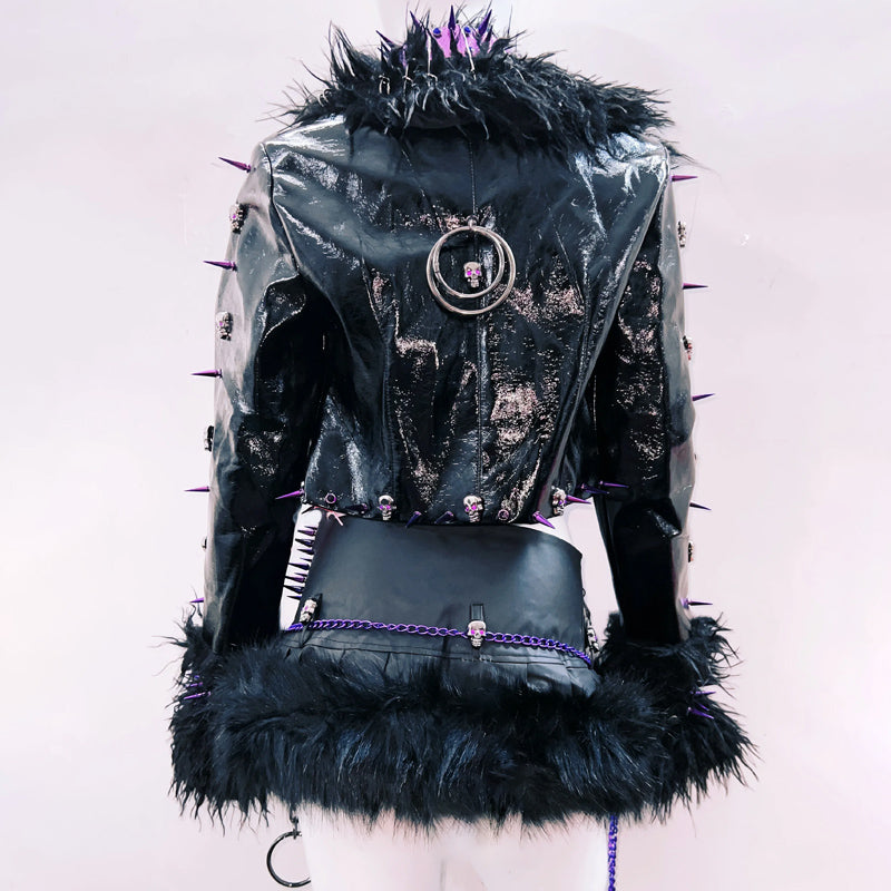 Fluffy long sleeve rivet applique o ring top | Festival Outfits Women