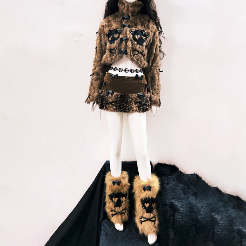 Fluffy long sleeve bowknot skull applique top | Festival Outfits Women