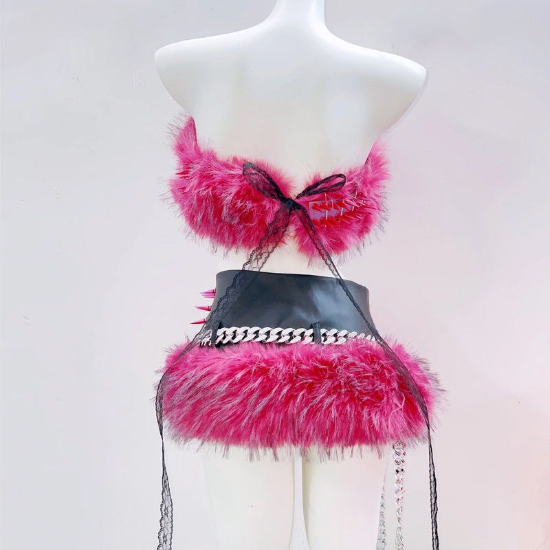Fluffy rivet applique self tie backless tube top | Festival Outfits Women