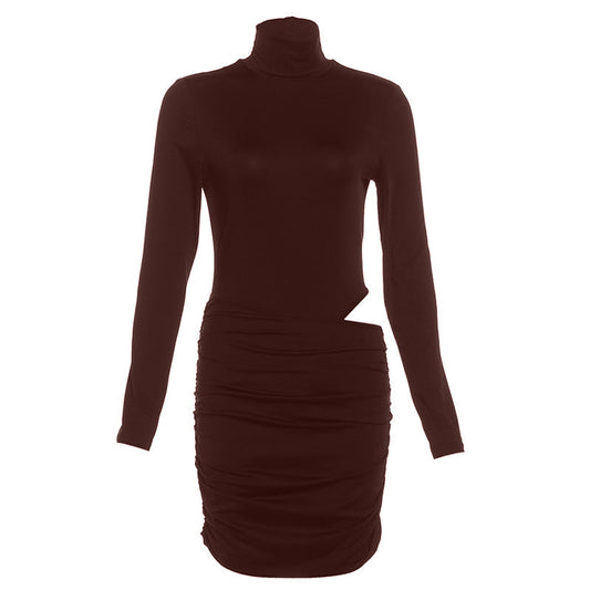 Ruched high neck long sleeve button mini dress | Festival Outfits Women