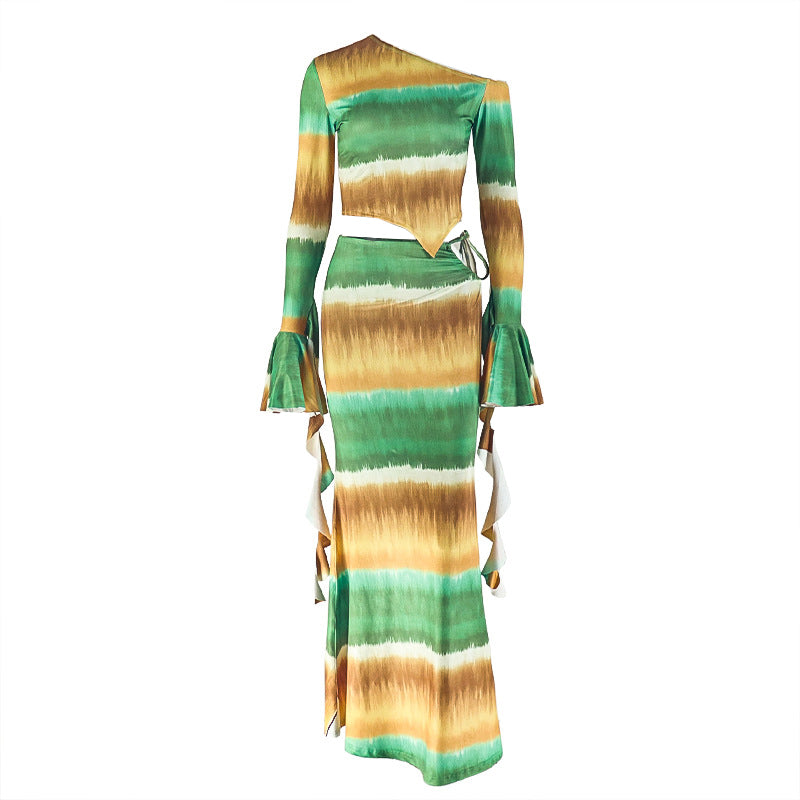 One shoulder long flared sleeve self tie print contrast maxi dress | Festival Outfits Women