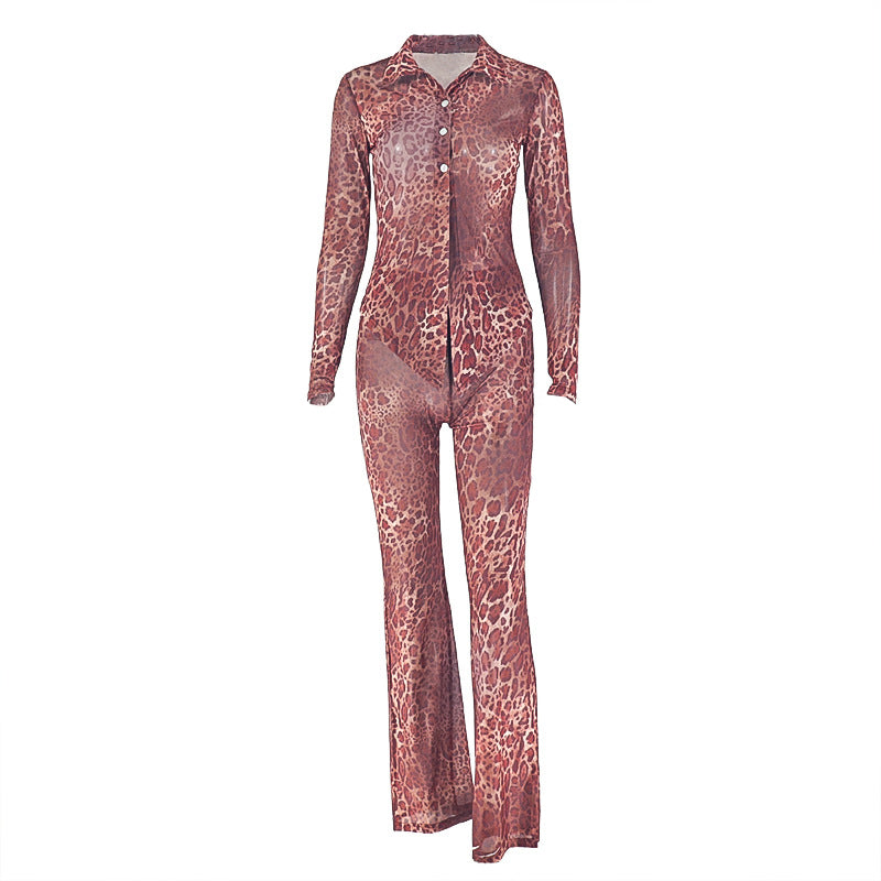 Leopard print turnover collar button pant set | Festival Outfits Women