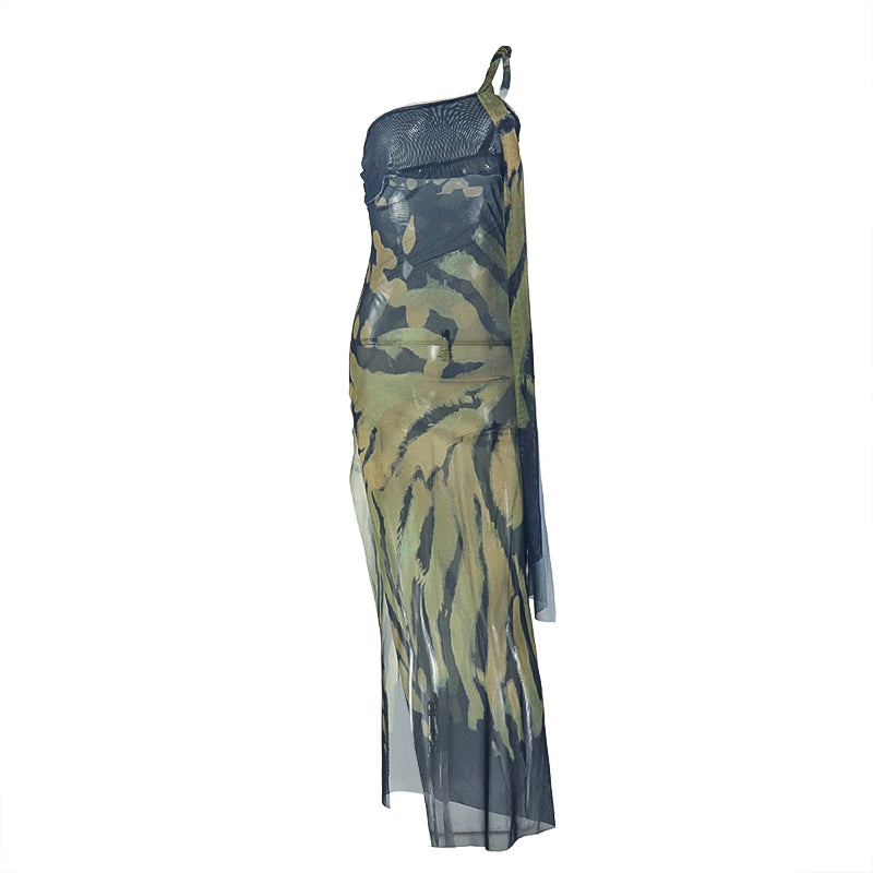 One shoulder high slit mesh maxi dress | Festival Outfits Women
