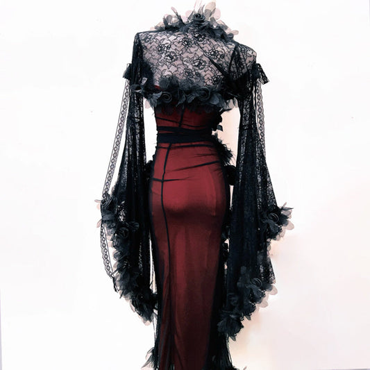 Long flared sleeve lace flower applique beaded maxi dress | Festival Outfits Women