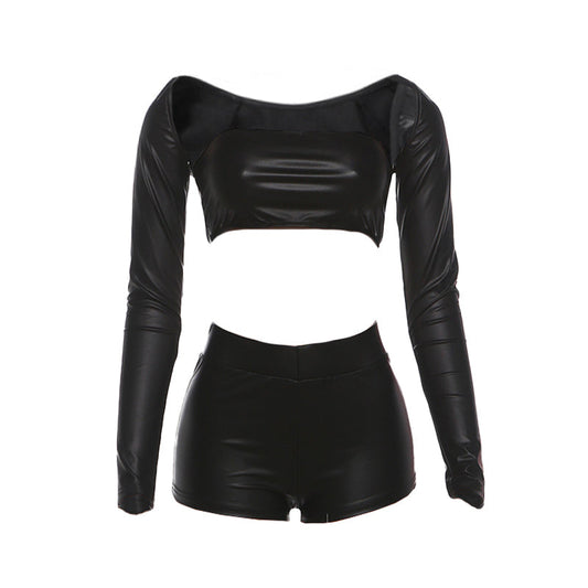 Long sleeve PU leather medium rise pant set | Festival Outfits Women