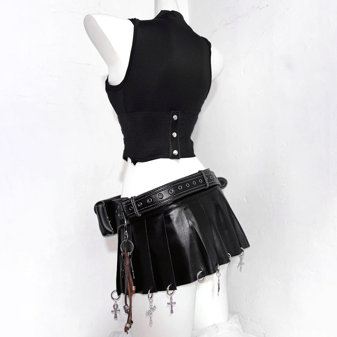 Crewneck hollow out corset PU leather cut out top | Festival Outfits Women