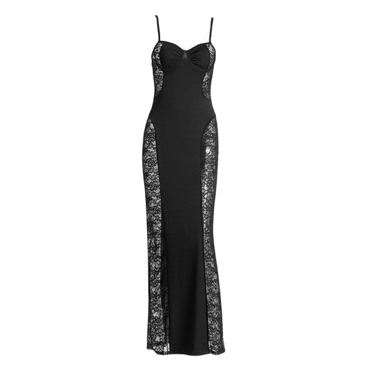 Lace slit v neck zip-up cami maxi dress | Festival Outfits Women