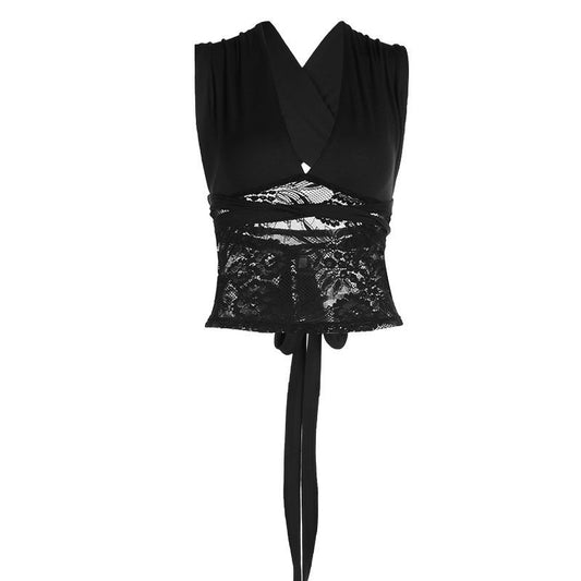 V neck lace patchwork self tie solid top | Festival Outfits Women