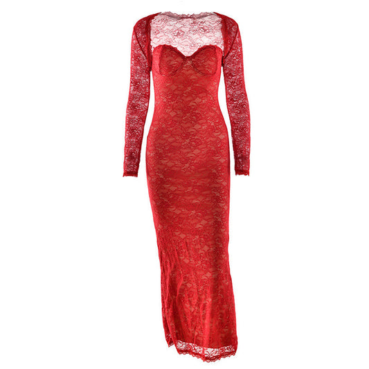 Long sleeve lace sweetheart neck 2 piece maxi dress | Festival Outfits Women