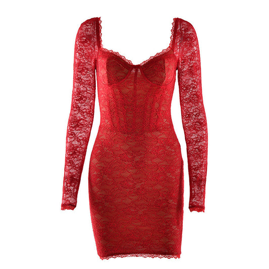 Lace long sleeve v neck backless mini dress | Festival Outfits Women