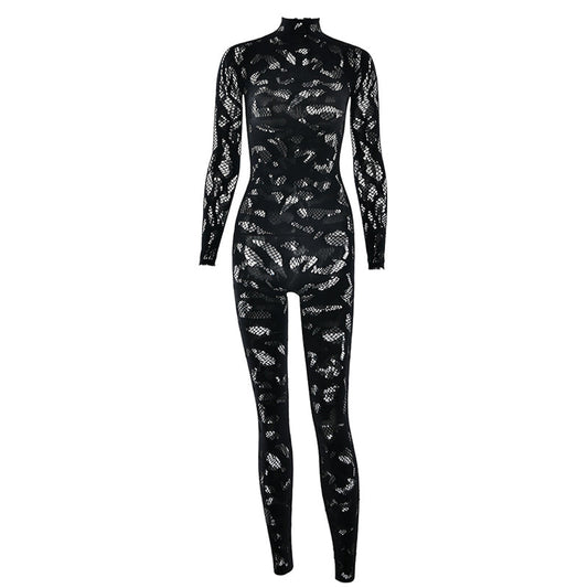 Long sleeve hollow out see through solid jumpsuit | Festival Outfits Women