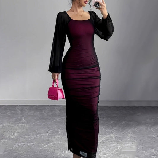 U neck long sleeve mesh slit midi dress | Festival Outfits Women