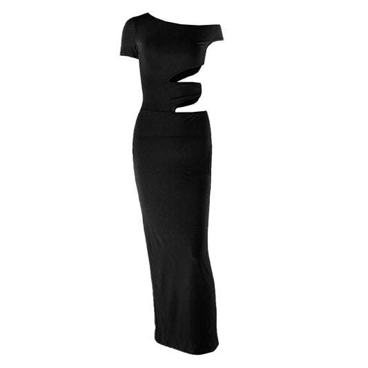Irregular short sleeve hollow out one shoulder cut out maxi dress | Festival Outfits Women