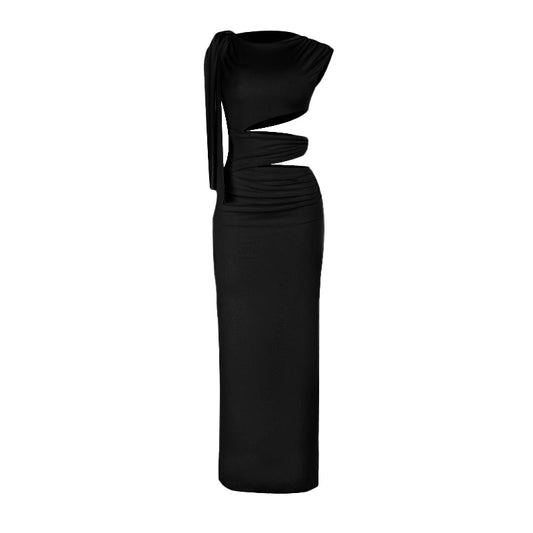 Crewneck hollow out irregular ruched cut out maxi dress | Festival Outfits Women