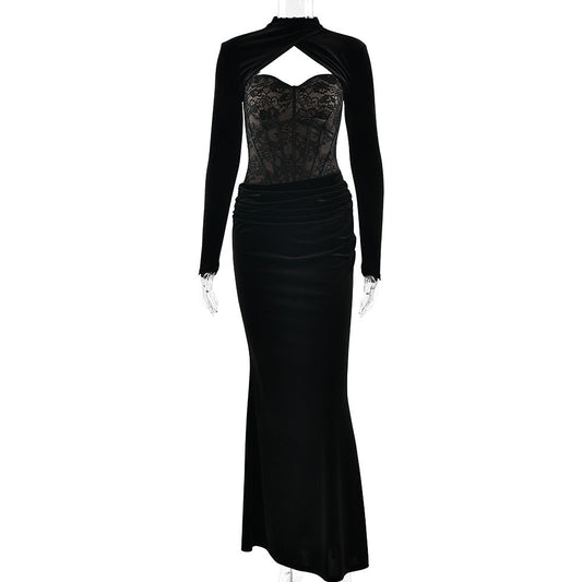 Long sleeve lace ruched zip-up solid maxi dress | Festival Outfits Women