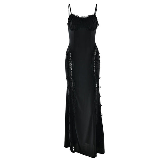 Lace hem v neck backless solid cami maxi dress | Festival Outfits Women