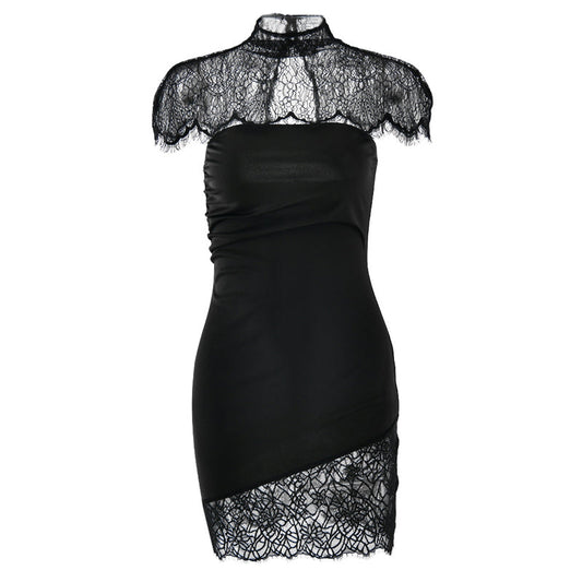 High neck lace ruched irregular 2 piece mini dress | Festival Outfits Women