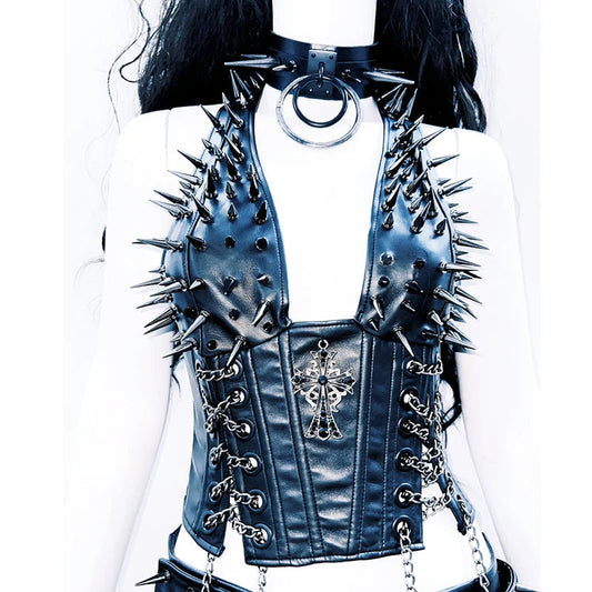 Metal chain square neck rivet applique PU leather top | Festival Outfits Women