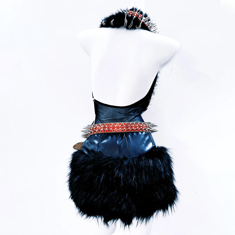 Halter fluffy rivet skull applique backless top | Festival Outfits Women