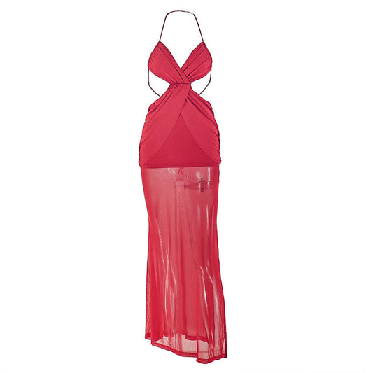 Halter ruched mesh backless self tie maxi dress | Festival Outfits Women