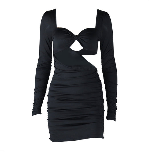 Long sleeve hollow out v neck ruched cut out mini dress | Festival Outfits Women