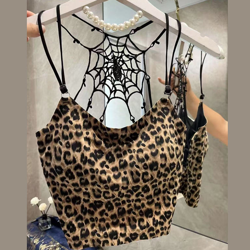 Leopard print spider web backless padded top | Festival Outfits Women | Cheetah Print Top