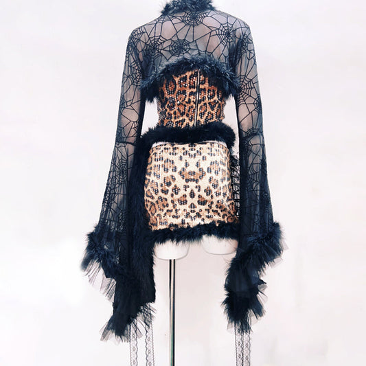 Leopard print glitter long sleeve spider applique mini skirt set | Festival Outfits Women | Leopard Print Mini Dress