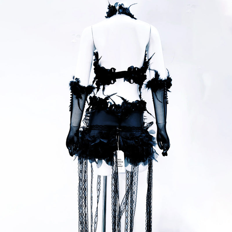 Halter hollow out beaded flower applique feather cut out top | Festival Outfits Women