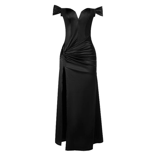 Off shoulder ruched slit irregular zip-up maxi dress | Festival Outfits Women