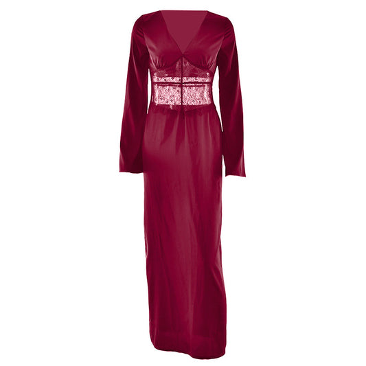 Long sleeve v neck lace satin zip-up maxi dress | Festival Outfits Women