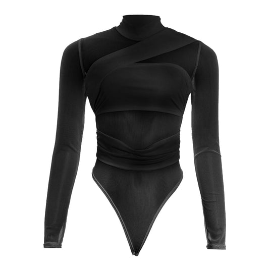 Long sleeve high neck mesh button bodysuit | Festival Outfits Women