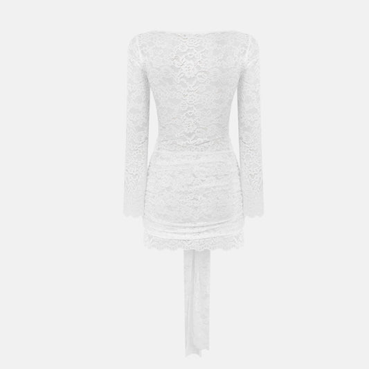 Long sleeve lace crewneck ruched mini dress | Festival Outfits Women