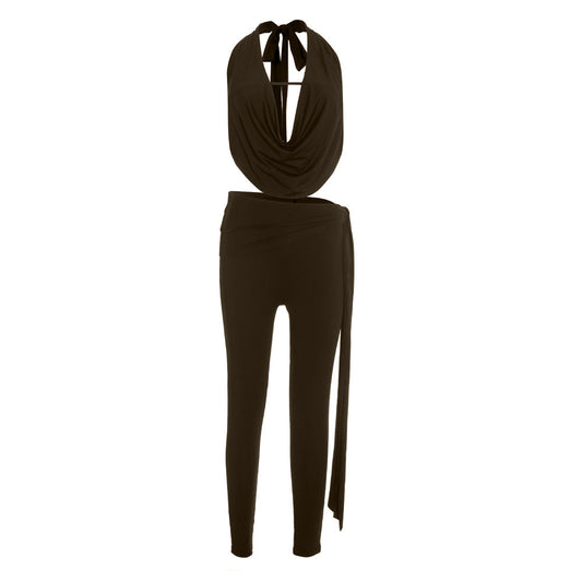 Self tie halter cowl neck irregular low rise pant set | Festival Outfits Women