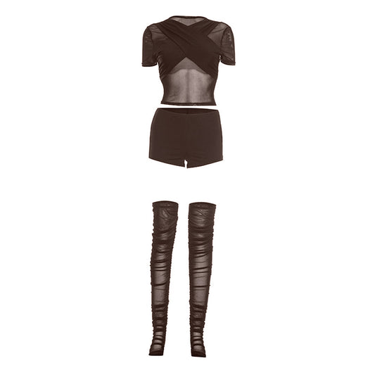 Short sleeve crewneck mesh ruched pant set | Festival Outfits Women