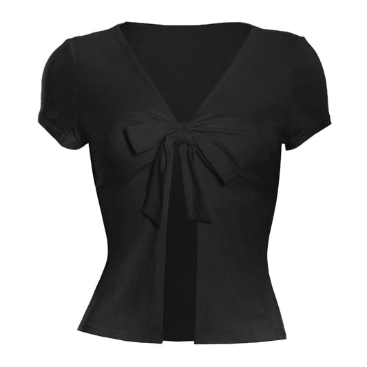 Short sleeve v neck self tie solid crop top | Festival Outfits Women