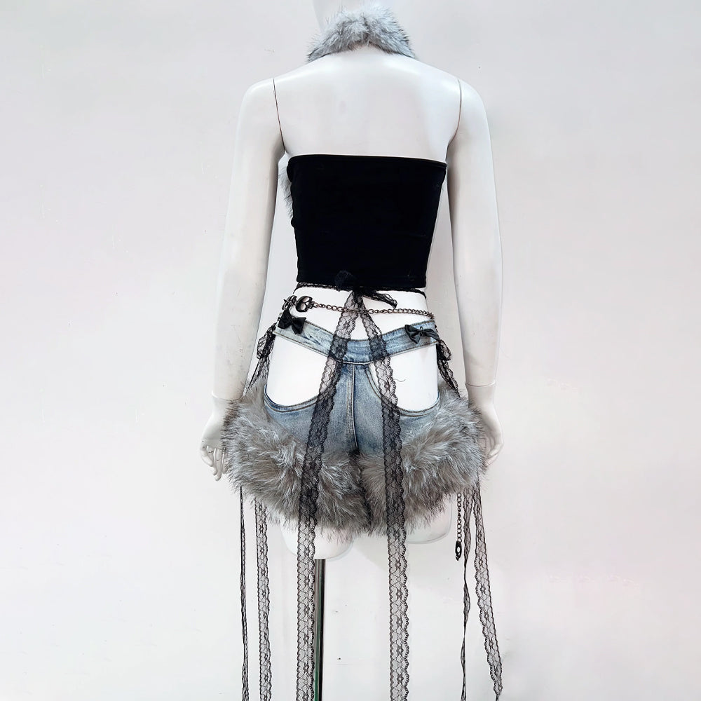 Bowknot fluffy halter skull pattern backless top | Festival Outfits Women