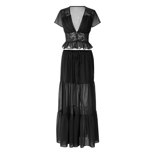Short sleeve v neck ruched lace chiffon maxi skirt set | Festival Outfits Women