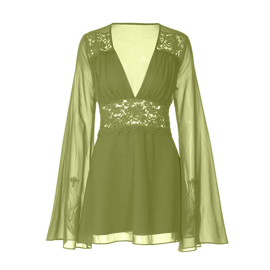 Long flared sleeve v neck chiffon zip-up mini dress | Festival Outfits Women