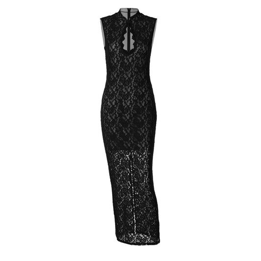 Lace hollow out slit sleeveless zip-up maxi dress | Festival Outfits Women