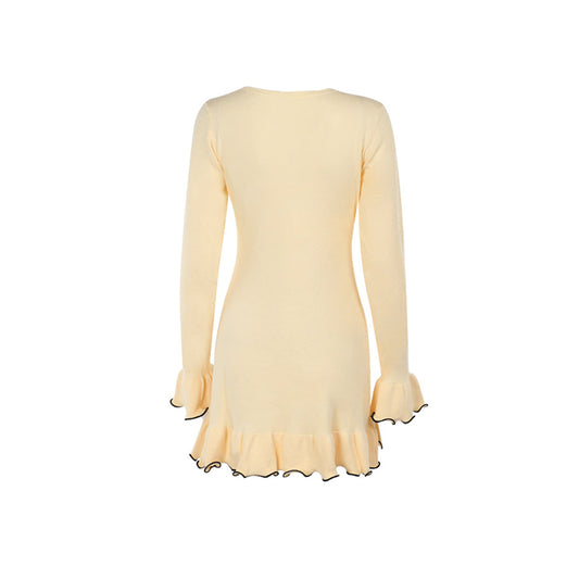 Long flared sleeve ruffle round neck mini dress | Festival Outfits Women
