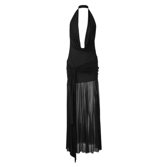 Cowl neck halter slit mesh irregular maxi dress | Festival Outfits Women