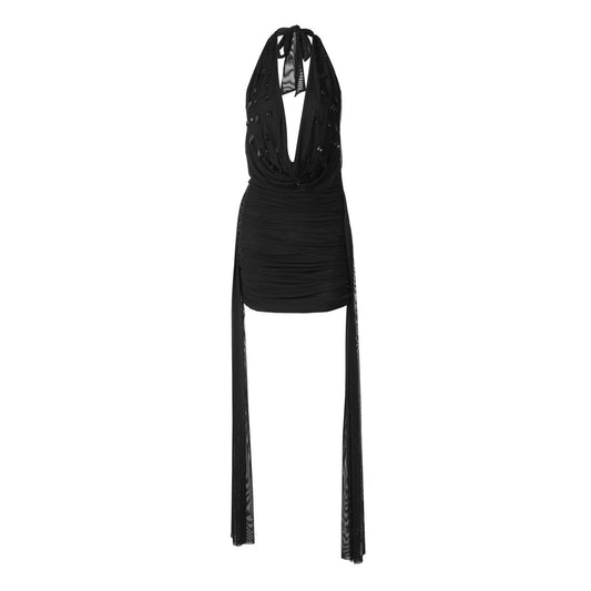 Halter cowl neck self tie water drop applique mini dress | Festival Outfits Women