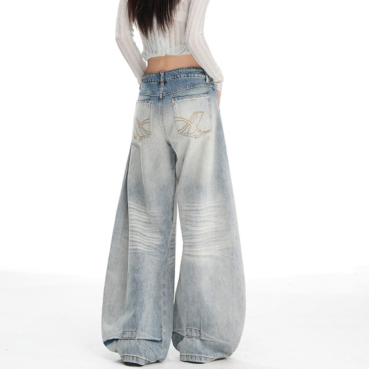 Stitch pocket button low rise wide leg | Baggy Low Rise Jeans | Festival Outfits Women