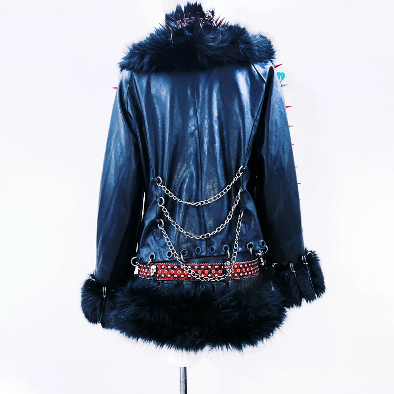 Fluffy long sleeve PU leather metal chain rivet applique top | Festival Outfits Women
