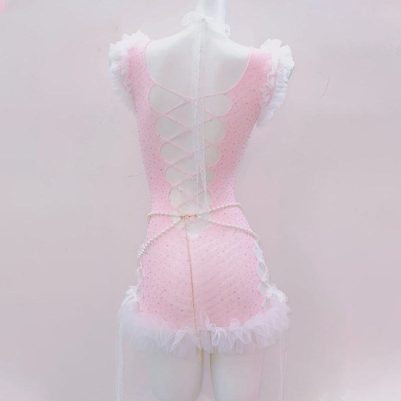 Bowknot cross applique ruffle hollow out beaded mini dress | Pastel Goth | Festival Outfits Women
