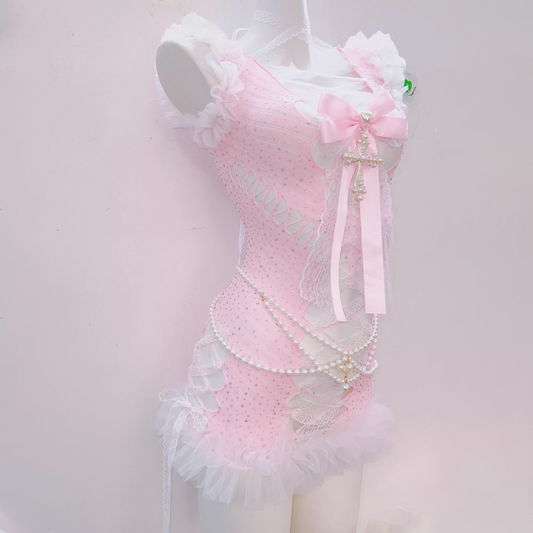 Bowknot cross applique ruffle hollow out beaded mini dress | Pastel Goth | Festival Outfits Women