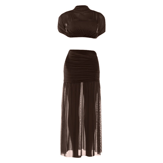 Ruched crewneck mesh crop maxi skirt set | Festival Outfits Women