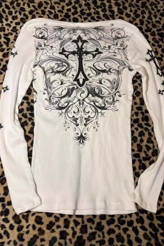 Y2K Cross Print Spicy Knit Top