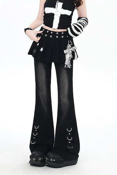 Y2K Layered Flare Denim Skirt Pants
